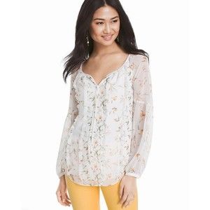 White House Black Market Blouse Size 0 Floral White Tie Front Lined Button Cuff